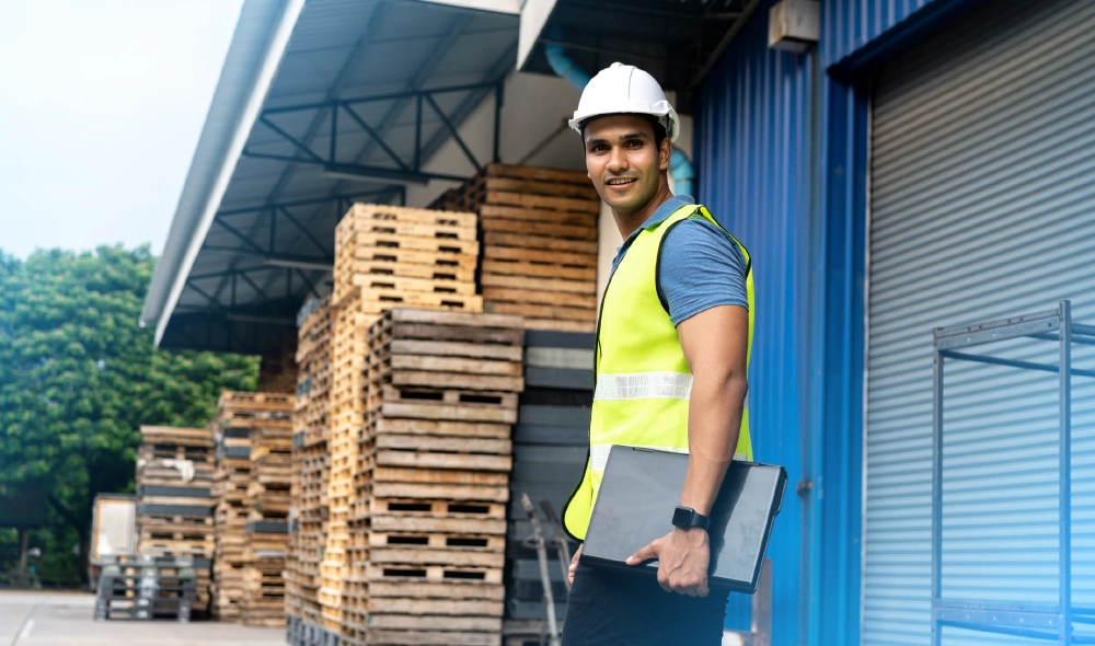 Logistics worker working outdoors in front of a factory warehouse, embracing the future of freight management today.