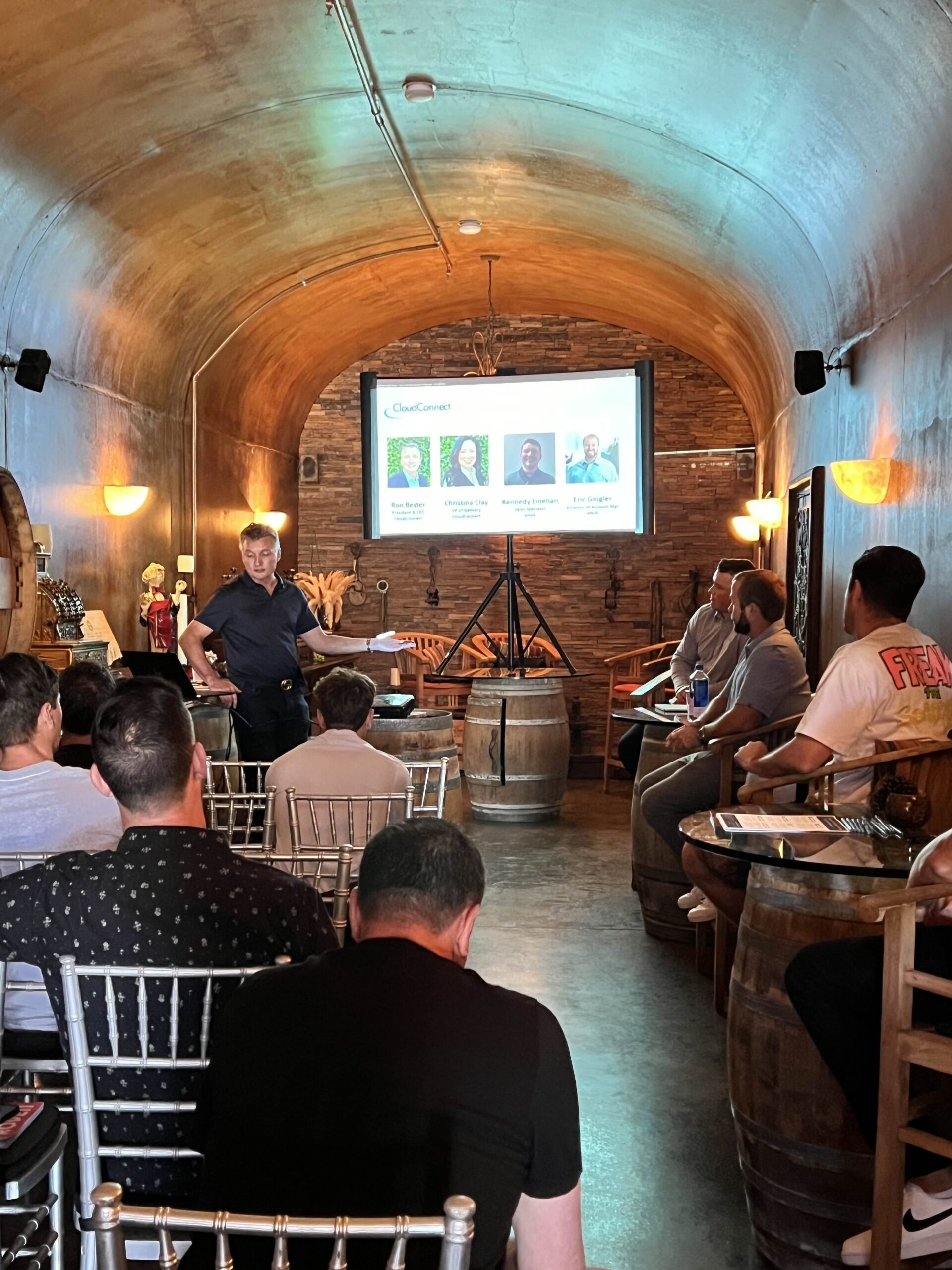 Ron Bester, Founder and CEO of CloudConnect, presenting information about shipping optimization with NetSuite and eHub during the Sip & Ship event