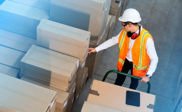 Logistics warehouse worker delivering boxes on a trolley, using CloudConnect's NetSuite App as a shipping solution for mass fulfillment efficiency, automated processing, and advanced order filtering.